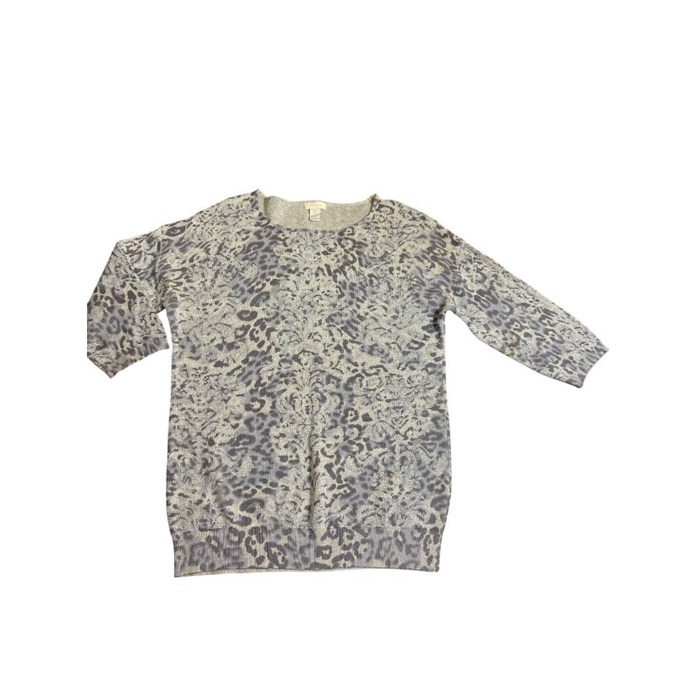 Chicos Animal Print Metallic Sweater Top Shirt Gray Silver 3/4 Sleeves Size 0